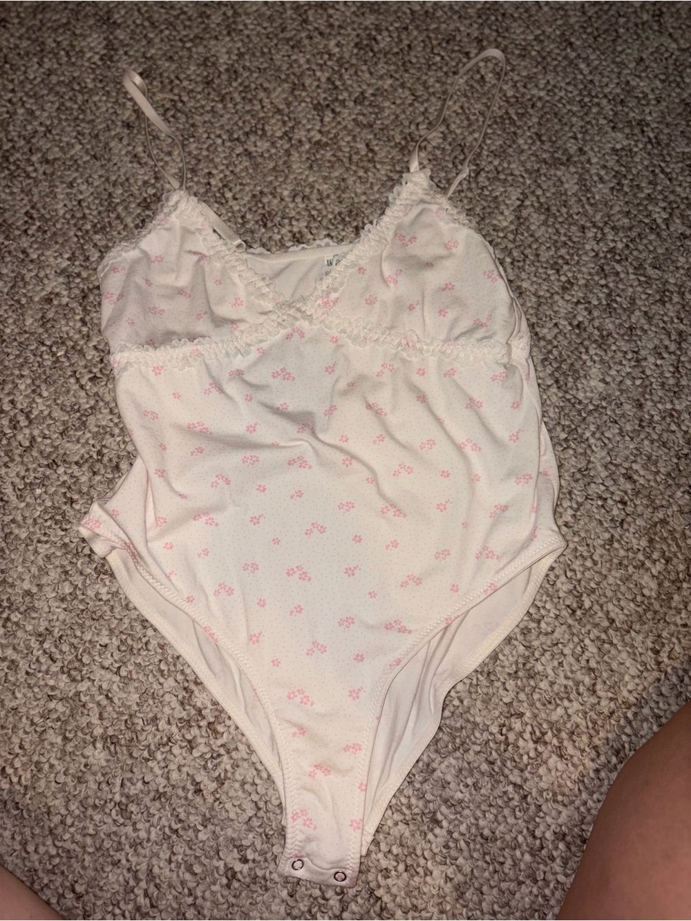 Forever 21 Cream Floral Lace-Trim Bodysuit with Pink Accents